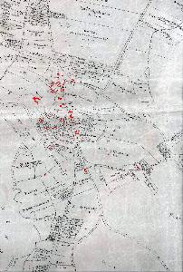 Sandy in 1799 - buildings highlighted in red [MA14]